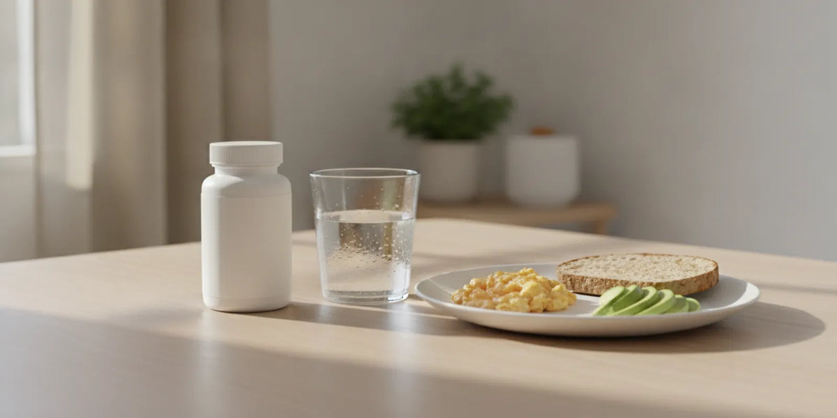 A glass of water and a supplement bottle on a bedside table in soft morning light